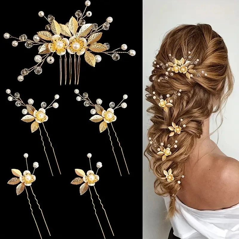 5 Pcs Gold Flower Hair Clip &Hair Comb Set